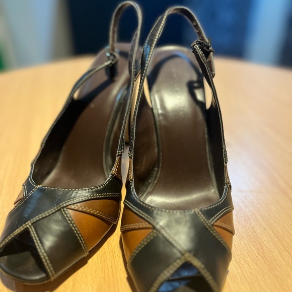 Apostrophe Brown and Camel Peep-Toe Pumps - Picture 9 of 9